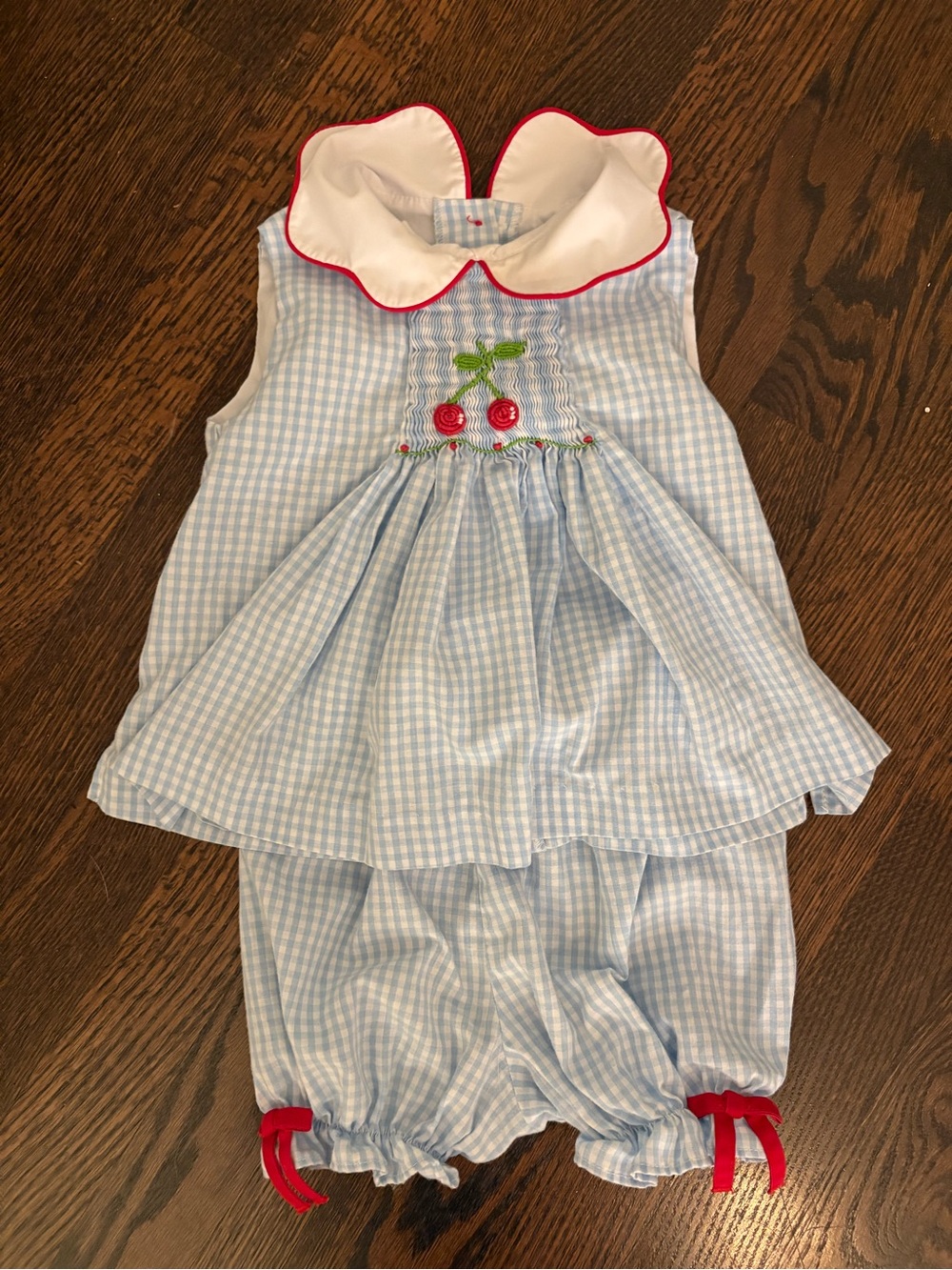Designer: Zuccini Kids. Blue and White Gingham Kids Dress with Cherry Embroidery